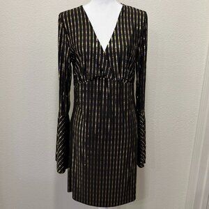 Dreamgirl black and gold v-neck knee length dress with long bell sleeves, XL